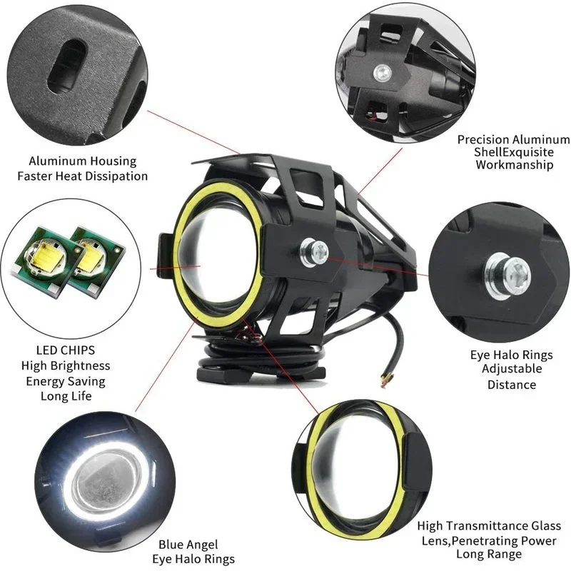 U7 LED 보조 밝은 오토바이 천사 눈 헤드 라이트  - Universal Motorcycle Led Headlight Projector 리뷰 및 가격